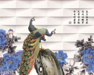 Tranh đôi chim công và hoa mẫu đơn xanh
