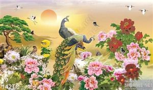 Tranh chim công và vườn hoa mẫu đơn wall