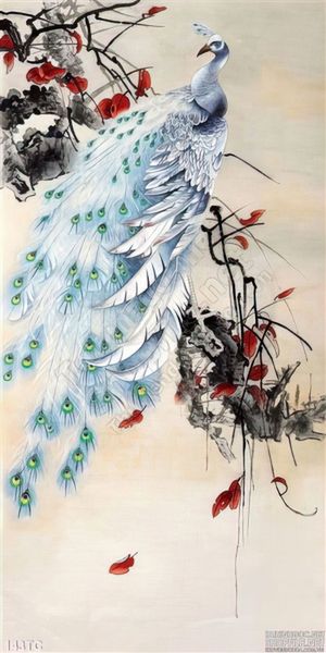 Tranh chim công xòe đuôi màu trắng