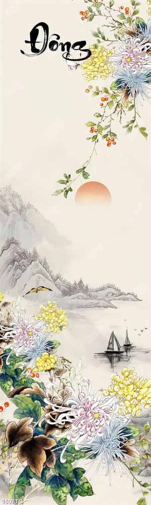Tranh thư pháp hoa cúc màu đông