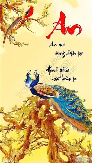 Tranh chim công chữ an và chú chim nhỏ