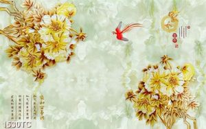 Tranh hoa mẫu đơn vàng và chữ thư pháp