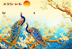 Tranh thư pháp Phu Thê Viên Mãn và đôi chim công, hoa mẫu đơn