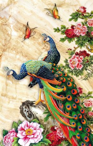 Tranh đôi chim công và hoa mẫu đơn nền đá