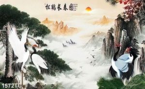 Tranh chim Hạc và cây tùng trên núi