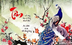 Tranh chim công chữ tâm 3d đứng trên cành hoa đào