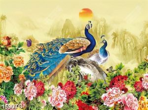 Tranh chim công và hoa mẫu đơn in kính đẹp