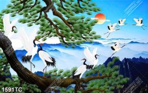 Tranh chim Hạc và cây tùng trên núi in uv
