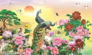 Tranh chim công và hoa mẫu đơn vào lúc hoàng hôn