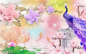 Tranh chim công, cá chép và hoa mộc lan