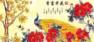 Tranh tài lộc chim công và mẫu đơn in kính