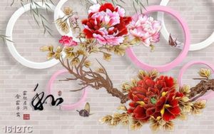 Tranh thư pháp và hoa mẫu đơn nền 3D