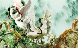 Tranh chim Hạc nền giả ngọc in chất lượng cao