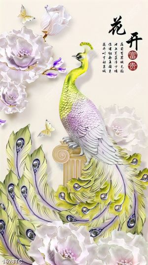 Tranh lụa 3D chim công và hoa