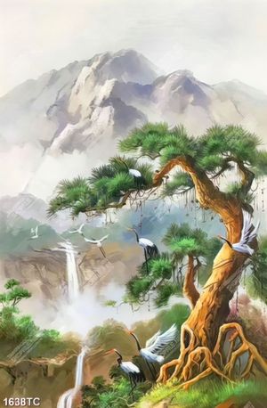 Tranh sơn dầu cây tùng và chim Hạc