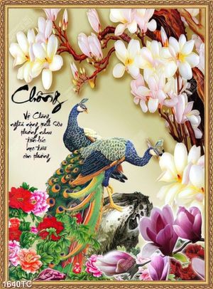 Tranh thư pháp Vợ Chồng và đôi chim công