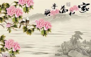 Tranh đôi uyên ương và nền hoa phong thủy
