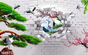 Tranh 3D cây tùng và chim Hạc dán tường đẹp