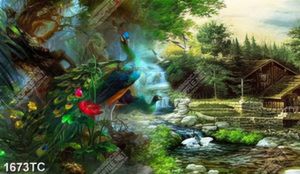 Tranh sơn dầu chim công và ngôi nhà