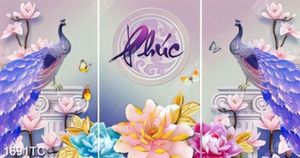 Tranh ghép chim công và thư pháp chữ Phúc