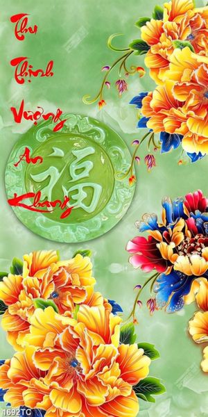 Tranh thư pháp Thu Thịnh Vượng An Khang và hoa mẫu đơn