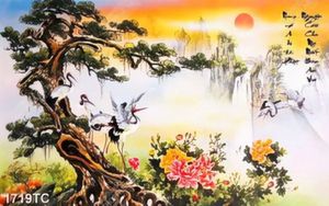 Tranh sơn dầu cây Tùng và Hạc