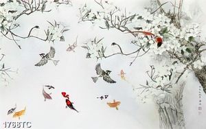 Tranh dán tường hoa, chim và cá chép