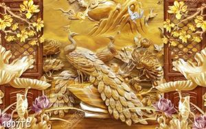 Tranh điêu khắc gỗ chim công và sen