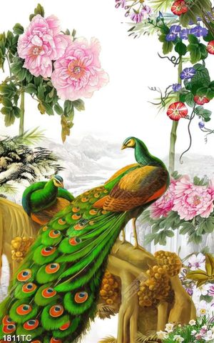 Tranh chim công trên cây và hoa mẫu đơn