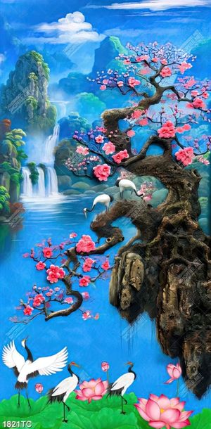 Tranh cay hoa đào và chim Hạc