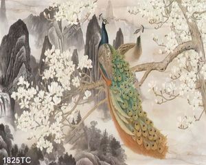 Tranh hoa mộc lan và chim cong trên núi