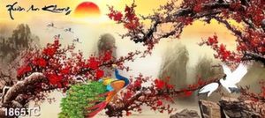 Tranh hoa đào chim công và chim Hạc
