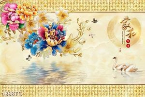 Tranh hoa mẫu đơn và thiên nga