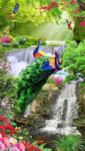 Tranh phong cảnh thác nước và chim công