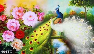 Tranh chim công xòe đuôi màu trắng và hoa mẫu đơn 3d