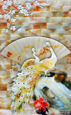 Tranh chim công 3d giả ngọc và cái quạt