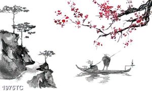 Tranh màu nước hoa đào và người lái đò