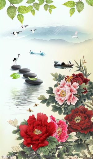 Tranh hoa mẫu đơn và thiên nga