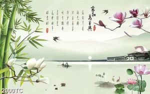 Tranh thư pháp hoa mộc lan và phong cảnh hữu tình