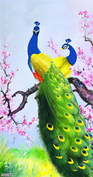 Tranh sơn dầu đôi chim công trên cành đào