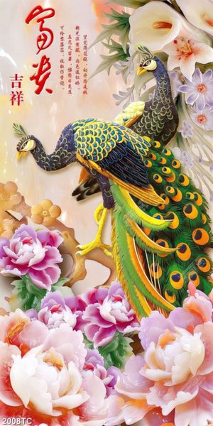 Tranh giả ngọc đôi chim công và hoa mẫu đơn