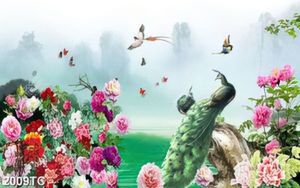 Tranh vườn hoa mẫu đơn và chim công