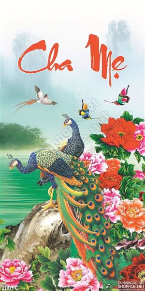 Tranh chim công cha mẹ khổ dọc và hoa mẫu đơn 3d in uv