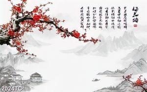Tranh thư pháp hoa đào và cảnh quê hương