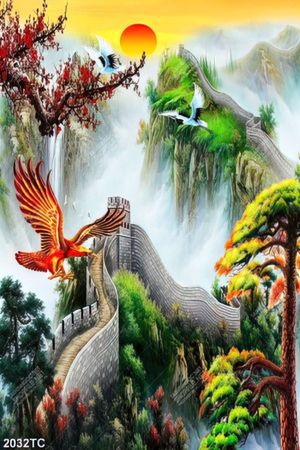 Tranh hoa đào vạn lý trường thành in kính đẹp