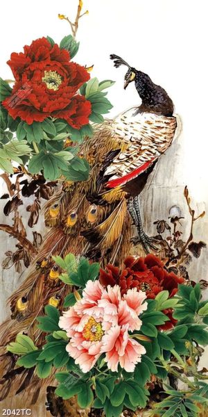 Tranh hoa mẫu đơn và chim công