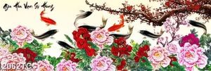 Tranh cá chép hoa mẫu đơn và hoa đào
