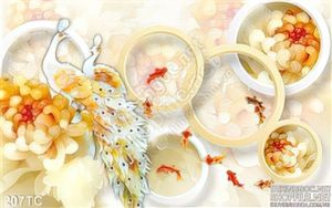 Tranh chim công 3d giả ngọc và đàn cá koi in uv psd
