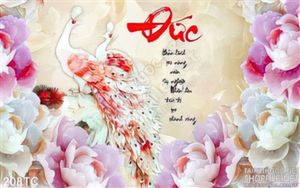 Tranh chim công đức và hoa mẫu đơn giả ngọc đẹp
