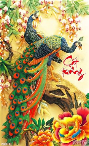 Tranh chim công cát tường vui đùa bên nhau psd 3d
